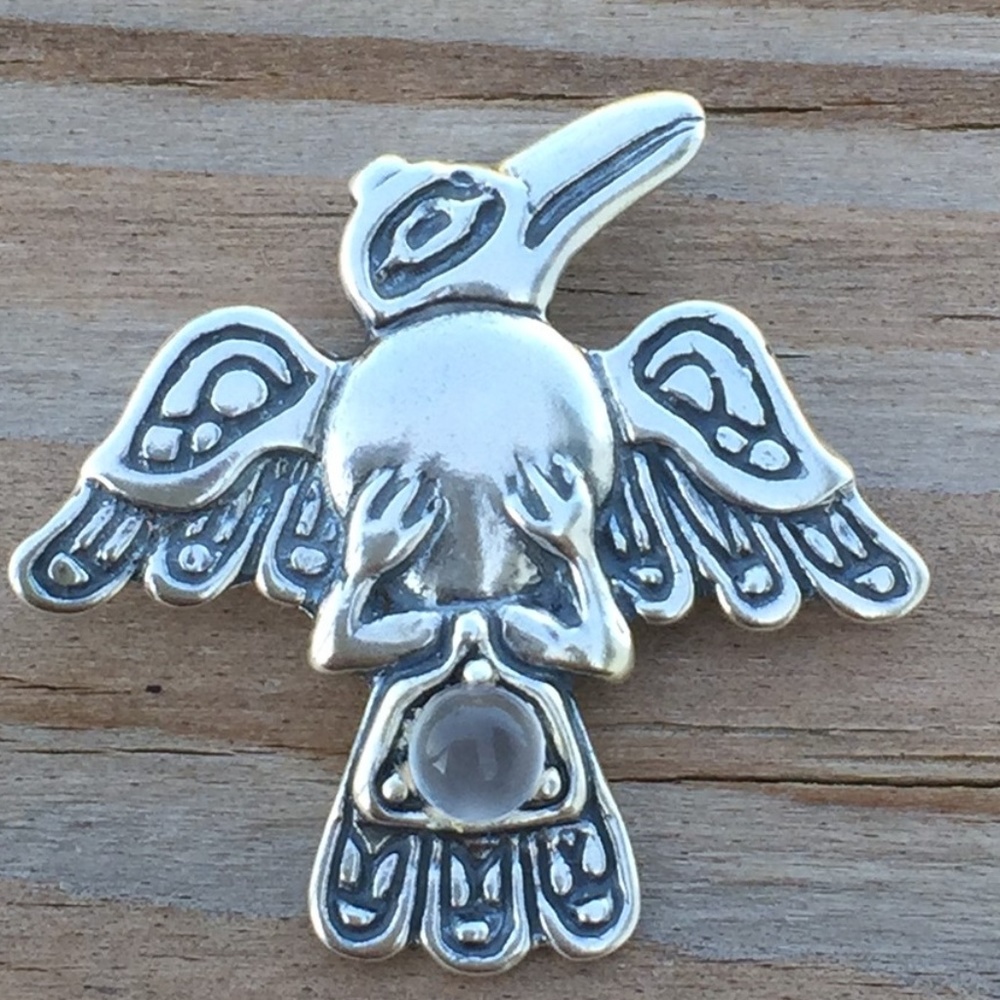Raven Crow Pendant .925 Sterling Silver w/ genuine Moonstone gem Made in USA - Picture 7 of 8
